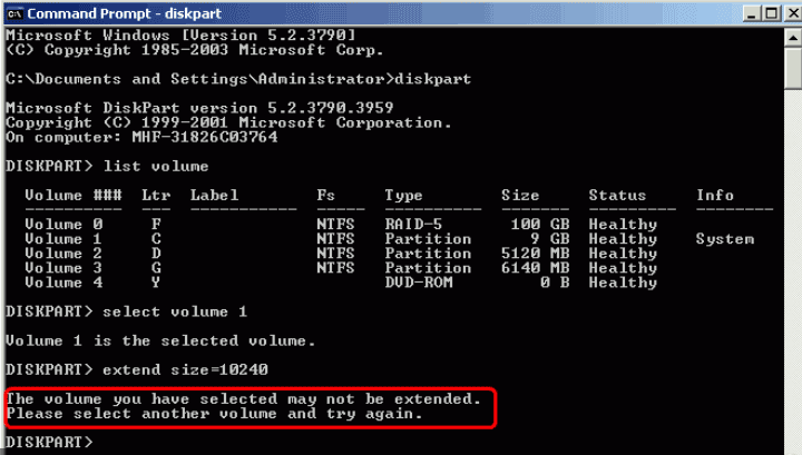 Diskpart failed to extend partition