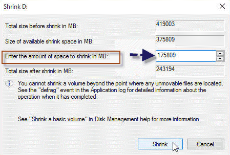 shrink volume to extend volume C drive Disk Management
