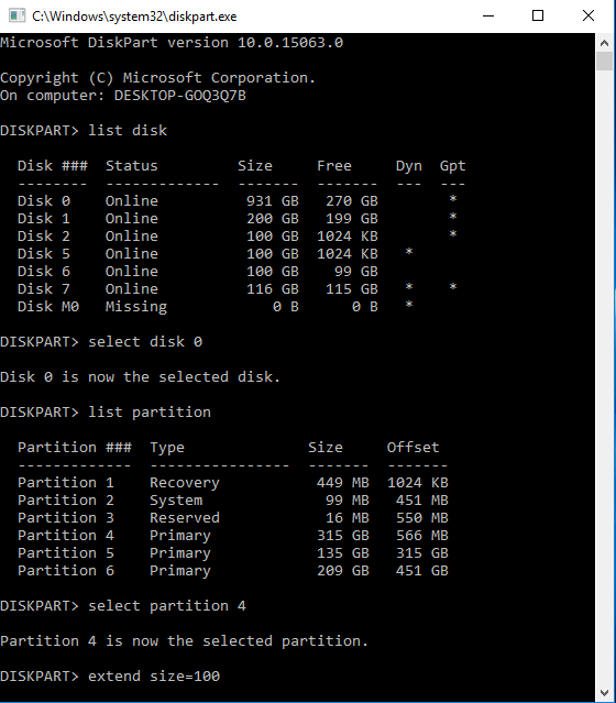 Extend C drive with Diskpart
