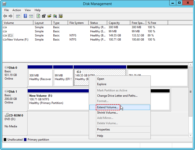 Extend volume in Disk Management