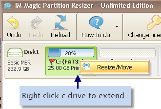 right-click server C drive to extend